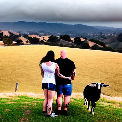 Image similar to portrait of a young chunky bald white male tattoos and his young white female brown hair wife with tattoos. male is wearing a white t - shirt, tan shorts, white long socks. female is has long brown hair and a lot of tattoos. photo taken from behind them overlooking the field with a goat pen. rolling hills in the background of california and a partly cloudy sky