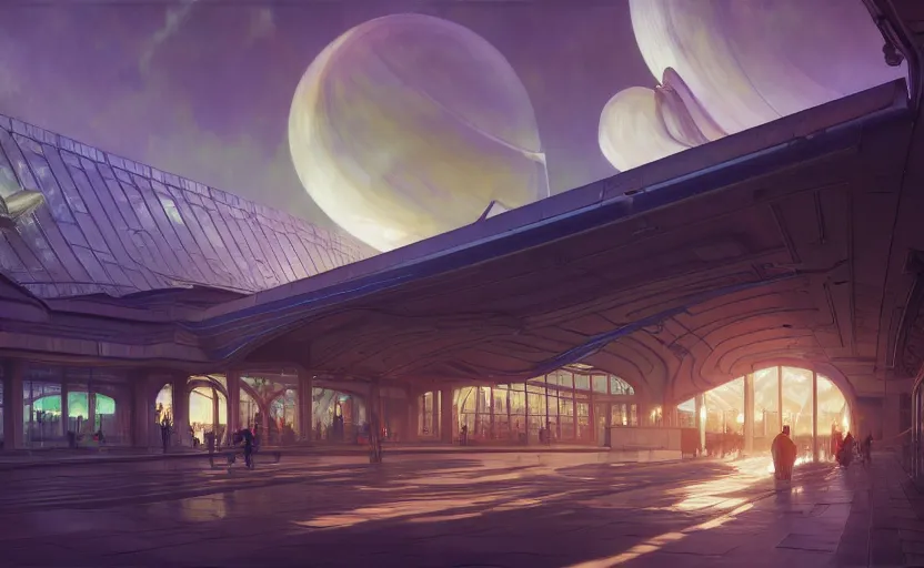 Image similar to exterior shot of utopian train station with cinematic lighting by zaha hadid and renzo piano, darek zabrocki and greg ruthkowski, alphonse mucha, simon stalenhag, cinematic, holy place, paradise, scifi, futurism, atmospheric, sunset, concept art, artstation, trending on artstation