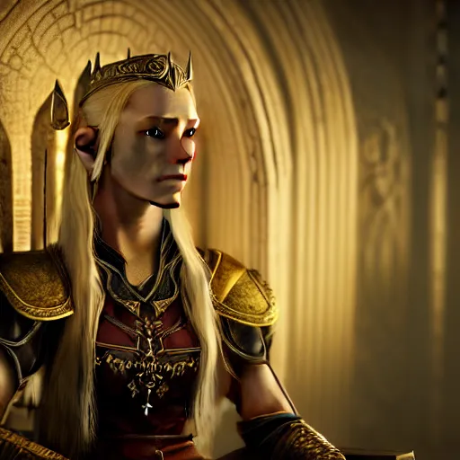 Image similar to the elder scrolls vi, charismatic regal blonde high elf female jarl, portrait, exquisitely designed throne room, atmospheric lighting, painted, intricate, volumetric lighting, beautiful, daytime, slight overcast, sharp focus, deep colours, ultra detailed, by leesha hannigan, ross tran, thierry doizon, kai carpenter, ignacio fernandez rios