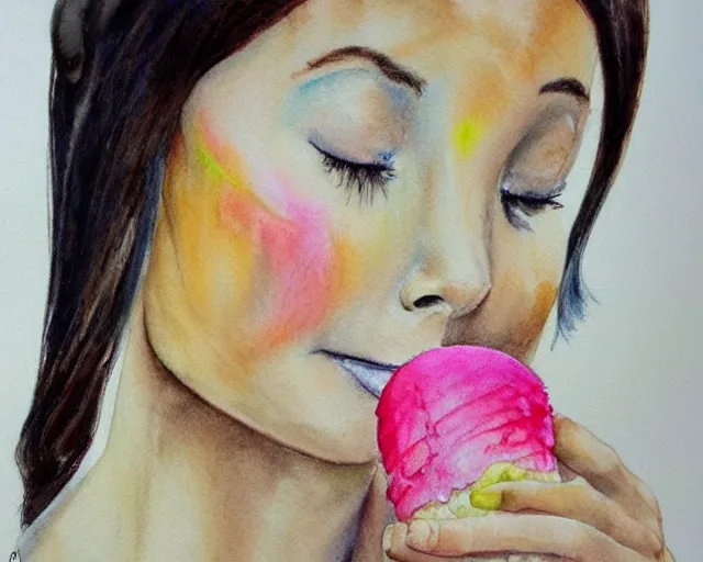 Image similar to a girl with the ice cream watercolor colored pencil painting trending on artstation