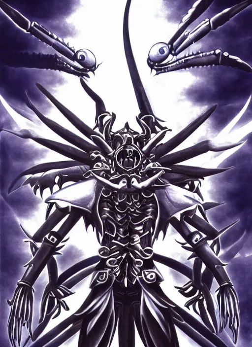 Image similar to shin megami tensei art of a demon called mi - go, crustacean, art by kazuma kaneko, demonic! compedium!, digital drawing, white background, high quality, highly detailed