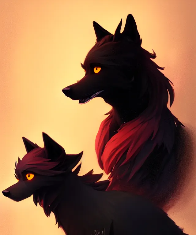 Prompt: award winning painting of a anthropomorphic black male wolf fursona long red hair | | concept art, volumetric lighting, highly detailed, photorealistic, by greg rutkowski and cory loftis trending on artstation