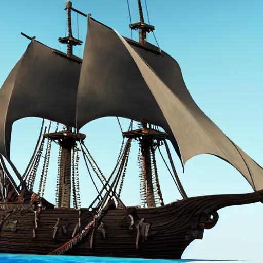 Image similar to pirates of the caribbean, the black pearl, sailing on a beautiful ocean, 3 d render