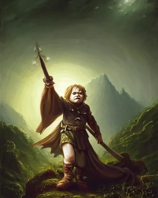 Prompt: A halfling wild magic sorcerer. He is wearing a cloak with glowing runes on it and a crown. He is frowning seriously. He is preparing to cast a spell to banish the old gods. He is standing in spell circle. Award winning realistic oil painting by Thomas Cole and Wayne Barlowe