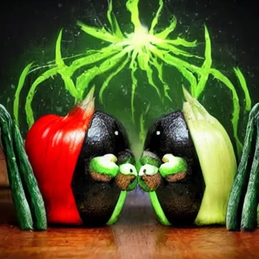 Prompt: the epic battle of good v.s evil as depicted by vegetable art