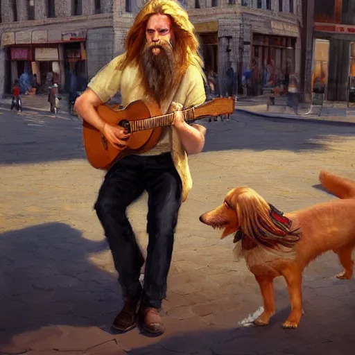 Image similar to oil painting of a young man with long hair blond and a beard hippie style with his golden retrever dog playing guitar in the square for money, people watching around, by greg rutkowski, artstation