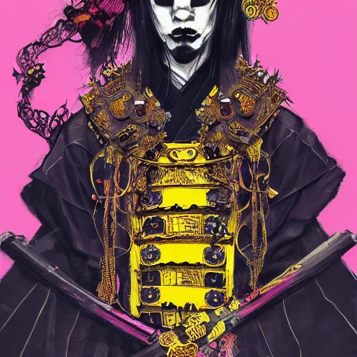 Prompt: portrait of old samurai, goth punk, vibrant yellow colors, surreal, french baroque style by alexander mcqueen, hyper detailed, cinematic, art by bill sienkiewicz trending artstation