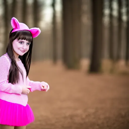 Prompt: young girl with dark hair, two ponytails, wears boots, next to her is a pink pony with a hat, photo taken by nikon, sharp focus, highly detailed, studio lightning, 4 k