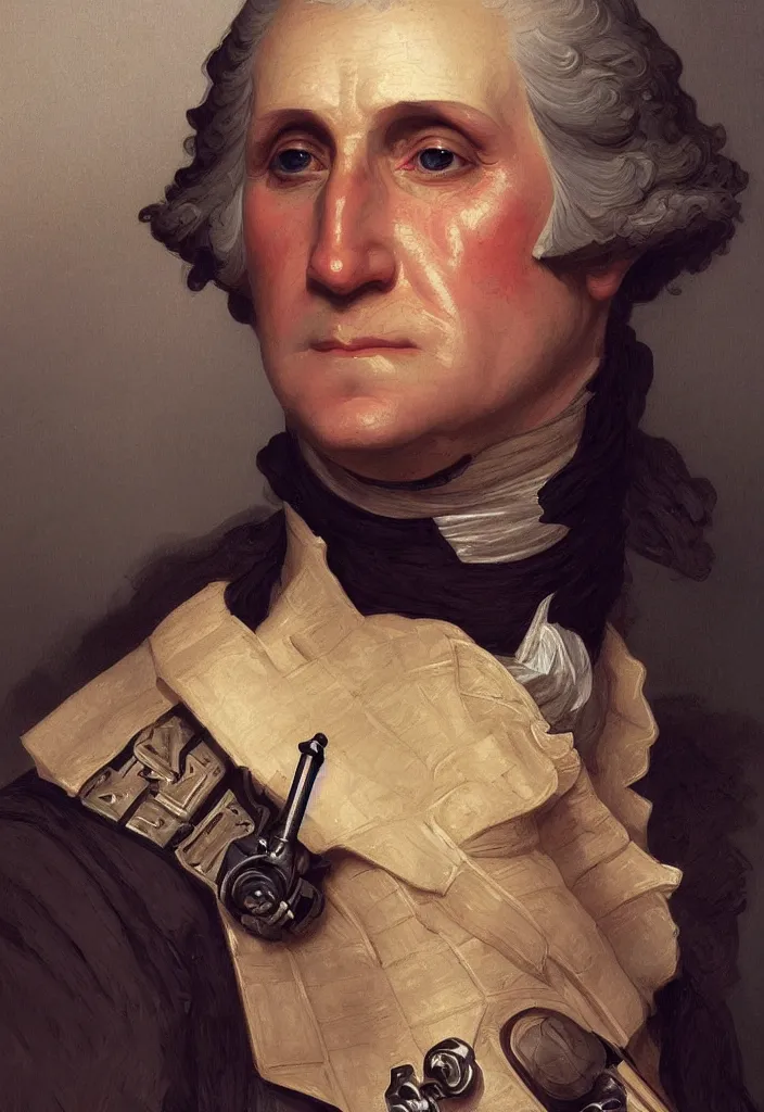 Image similar to a portrait of george washington with cybernetic upgrades to half of his face, intricate, war torn, highly detailed, digital painting, one eye human one eye robotic, artstation, concept art, smooth, sharp focus, illustration, art by artgerm and greg rutkowski and alphonse mucha and william - adolphe bouguereau