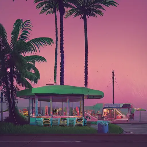 Prompt: inside seaside diner with palm trees by simon stalenhag