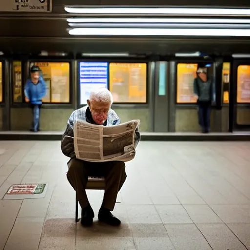 Prompt: Old man reading a newspaper alone in an underground subway station