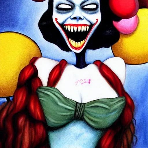 Image similar to grunge cartoon painting of margot robbie with a wide smile and a red balloon by chris leib, loony toons style, pennywise style, corpse bride style, horror theme, detailed, elegant, intricate