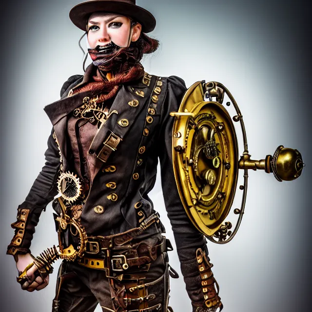 Prompt: full length photo of a steampunk warrior, 8 k, hdr, smooth, sharp focus, high resolution, award - winning photo