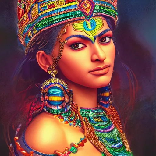 Prompt: photorealistic portrait of beautiful female aztec goddess, cinematic, complex multicolored india calendar art, highly atmospheric lighting, trending on artstation, golden ratio, rule of thirds, highly detailed, ornate, claudio bravo, alex grey, greg rutkowski, in the style of marvel comics, artgerm, frank bairstow, james cameron, ridley scott