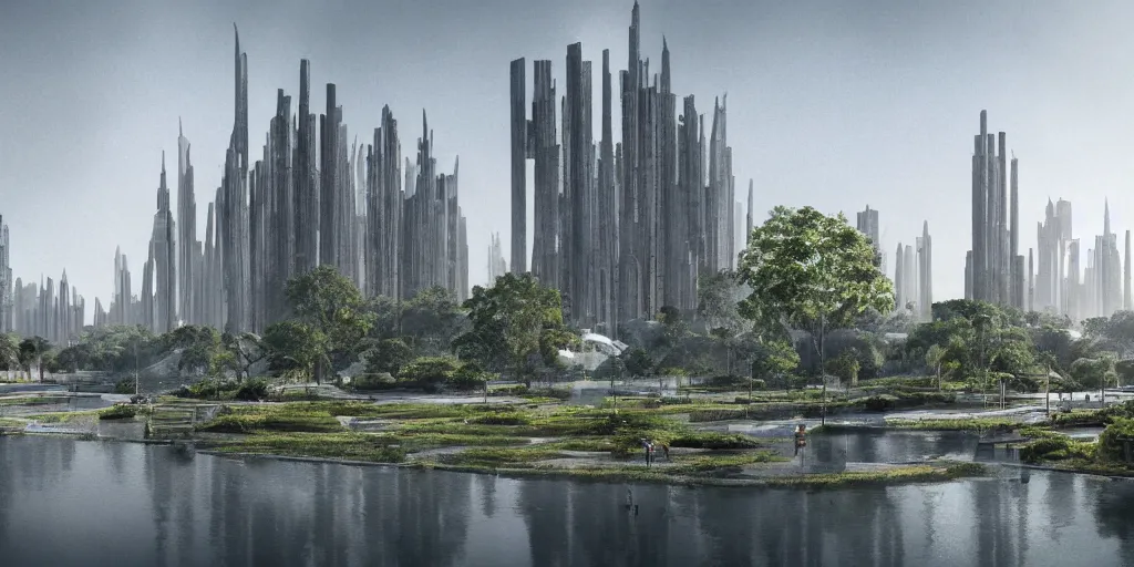 Prompt: city and temples in brutalism, gigantism, aad arab architectural style, but it is an oasis with trees and water, composition idea concept art for movies, style of denis villeneuve and greg fraiser