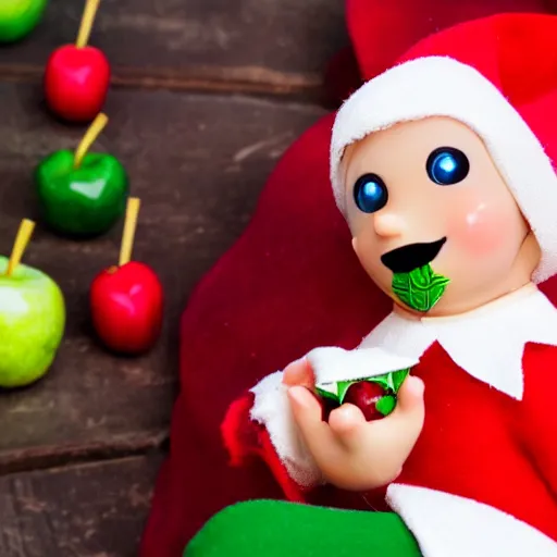 Prompt: a friendly elf eating an apple in the womb.