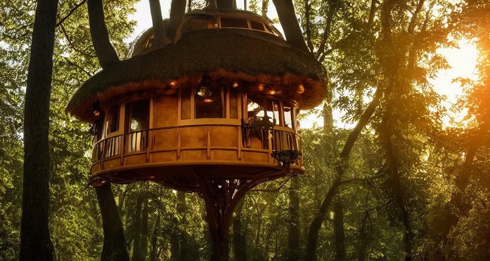 Prompt: A scene from a 2022 fantasy film featuring a cozy art nouveau reading nook inside a fantasy treehouse. A city of treehouses and suspended walkways can be seen outside. Golden Hour. 8K UHD.