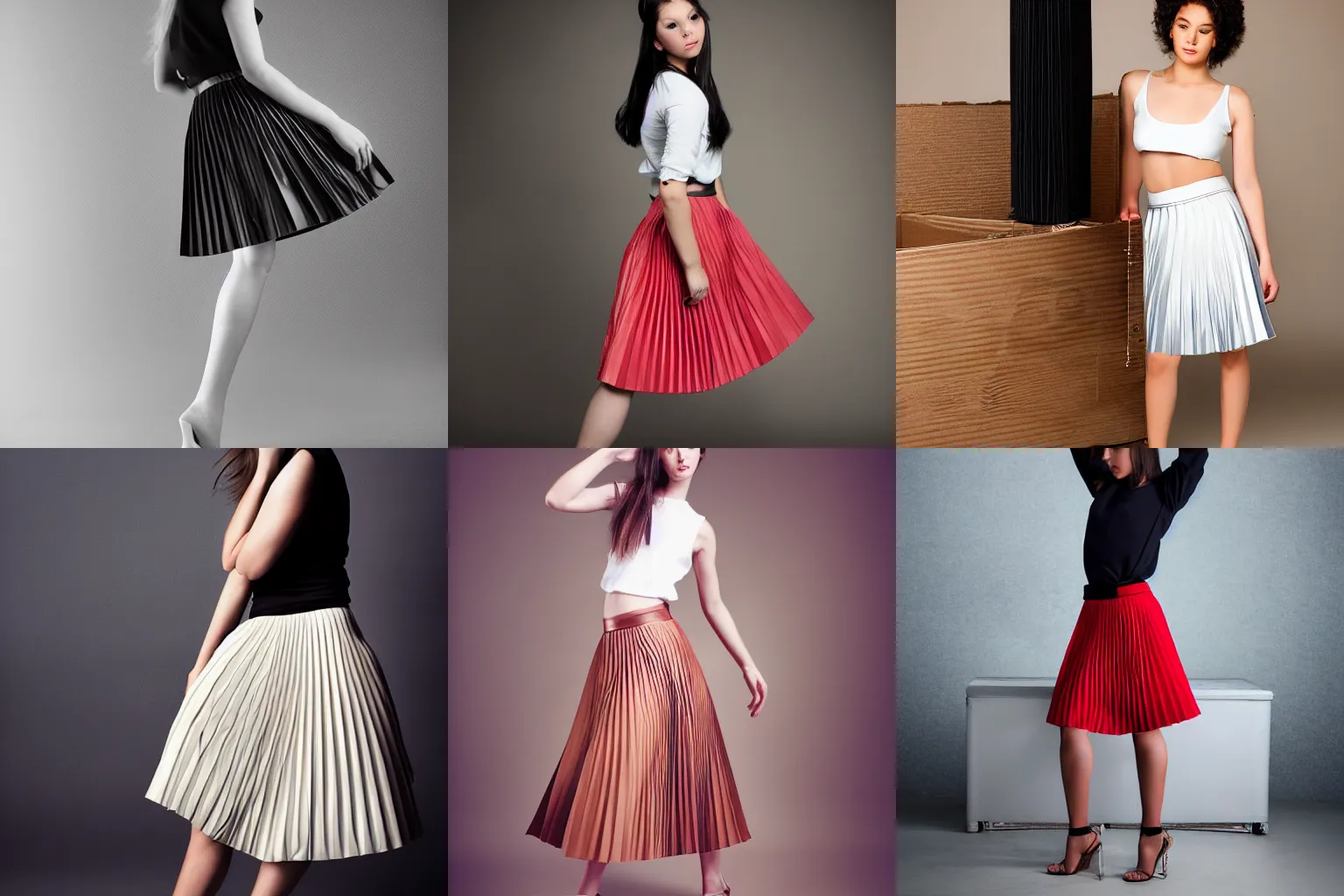 Prompt: beautiful young fashion model in a box pleated skirt, studio photography