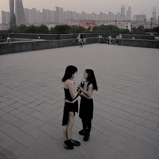 Image similar to a small rooftop with a couple of modern teenagers, standing and talking to each other, wearing black modern clothes, modern shanghai bund is on the background, sunset, by gregory crewdson