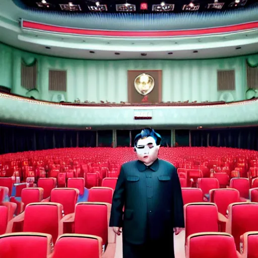 Image similar to paparazzi photo of Kim Jong-un with a microphone in his left hand rapping alone in a empty theater, wide angle, uhd, 8k, award winning