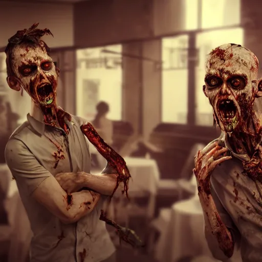 Image similar to waiter angry zombie, detailled realistic portrait with detailed body, restaurant interior, feeling of grimdark horror, daytime, high contrast, ultra intricate detailed, octane render, unreal engine, style of a dusk falls