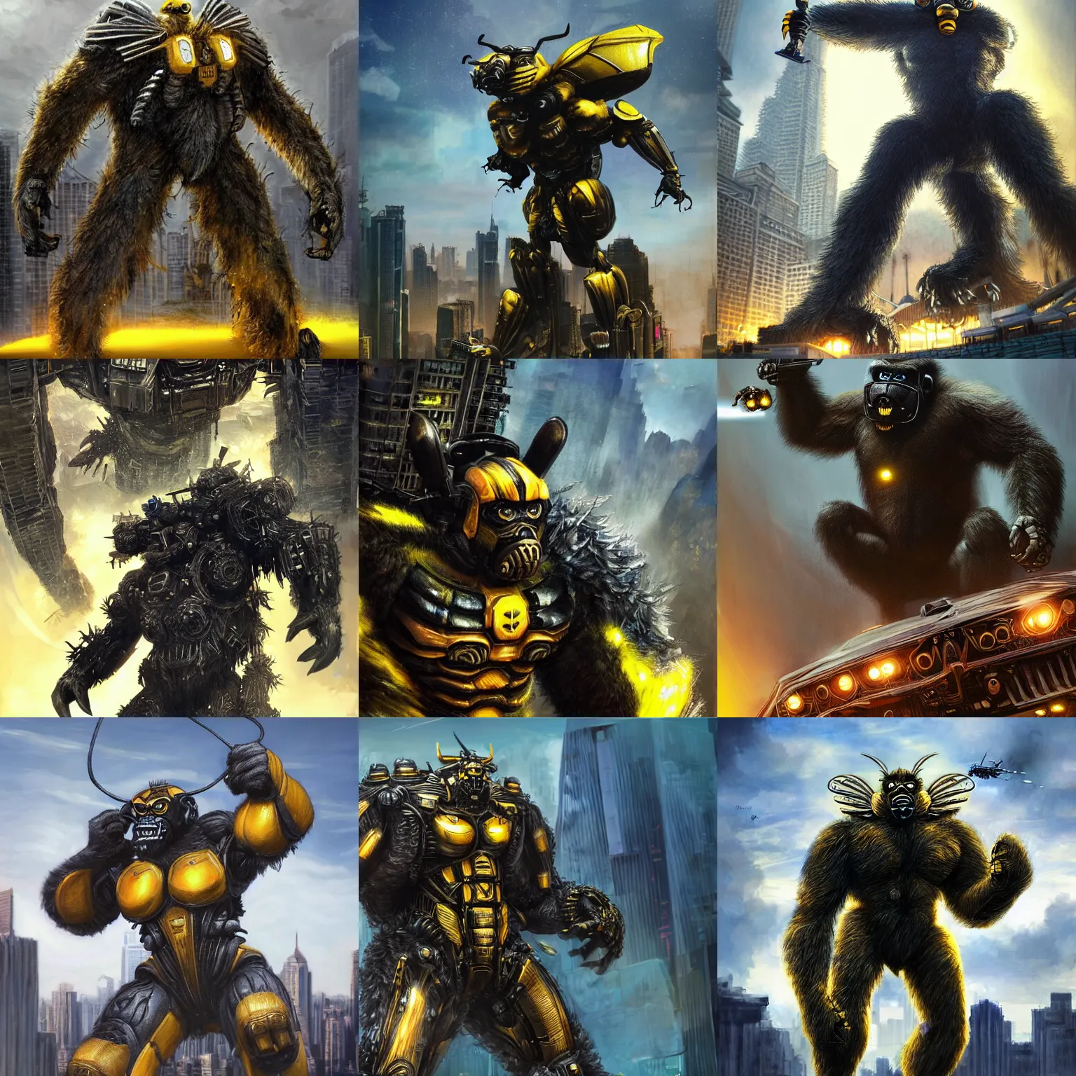 Prompt: Very very very very highly detailed epic photo of bumblebee as king kong , intricate, dystopian, sci-fi, extremely detailed, digital painting, artstation, concept art, smooth, sharp focus, illustration, intimidating lighting, incredible art by Artgerm and Vincent di Fate