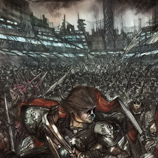 Image similar to one hero with sword looking at army of swordsmen in the background, in the middle of an arena, crowd of people, pencil art, straight, clear, added detail, high definiton, colored, backfacing, by yoji shinkawa