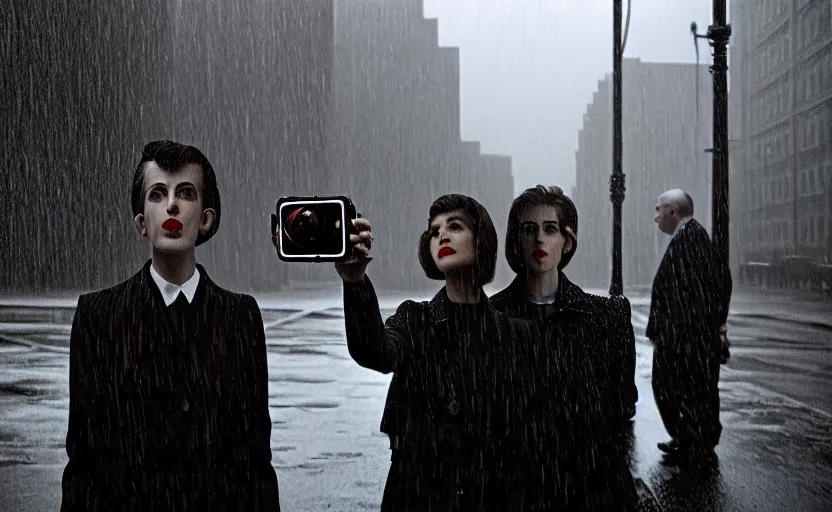 Prompt: cinestill selfie with mechanical monstrosity, hyperdetailed, by vivian maier, david lynch,, pouring rain menacing lights shadows, 8 k, hd, high resolution, 3 5 mm, f / 3 2, ultra realistic faces, ex machina