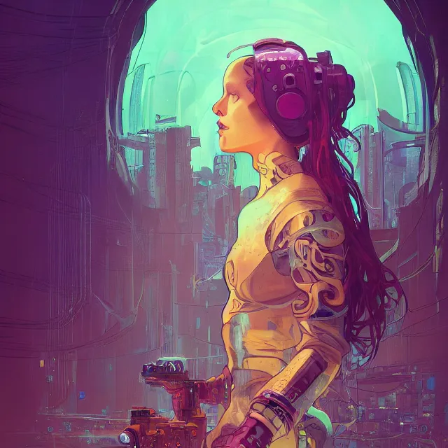 Prompt: a beautiful portrait painting of a ( ( cyberpunk ) ) girl by simon stalenhag and pascal blanche and alphonse mucha!! and nekro!. in style of digital art. colorful comic, film noirs, symmetry, hyper detailed. octane render. trending on artstation