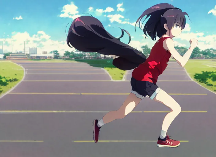 Image similar to high school runner girl, sunny sky background stadium landscape illustration concept art anime key visual trending pixiv fanbox by wlop and greg rutkowski and makoto shinkai and studio ghibli and kyoto animation symmetry red sports clothing marathon yellow running shoes number tag