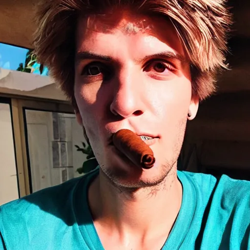 Image similar to a closeup photo of handsome gigachad xqc elrubius smoking a cigar