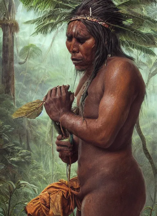 Prompt: a beautiful portrait of an indigenous man taking rapé in the jungle, taking tobacco snuff, praying with tobacco, mysterious atmosphere, fantasy art, matte painting, highly detailed