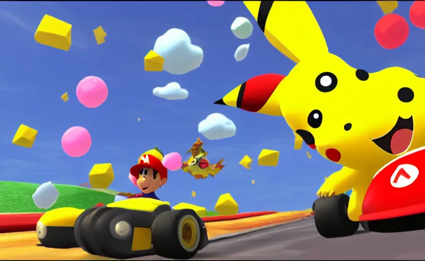 Image similar to Pikachu in Mario Kart, screenshot,