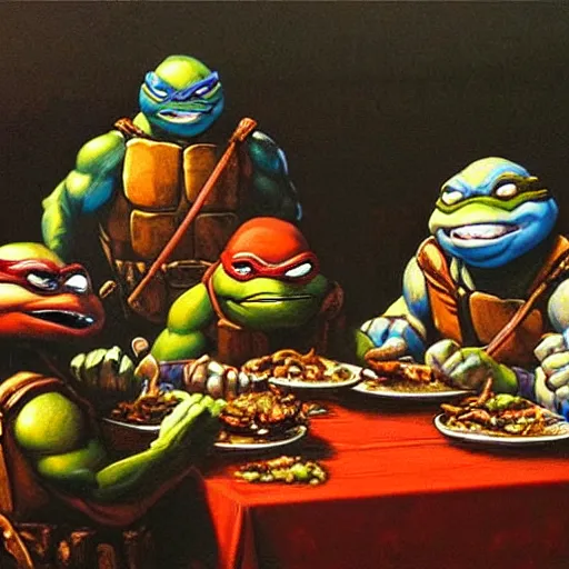 Image similar to teenage mutant ninja turtles are sitting at the table. da vinci. secret supper. coca - cola on the table. pizza on the table. realistic oil painting on canvas. great rendering