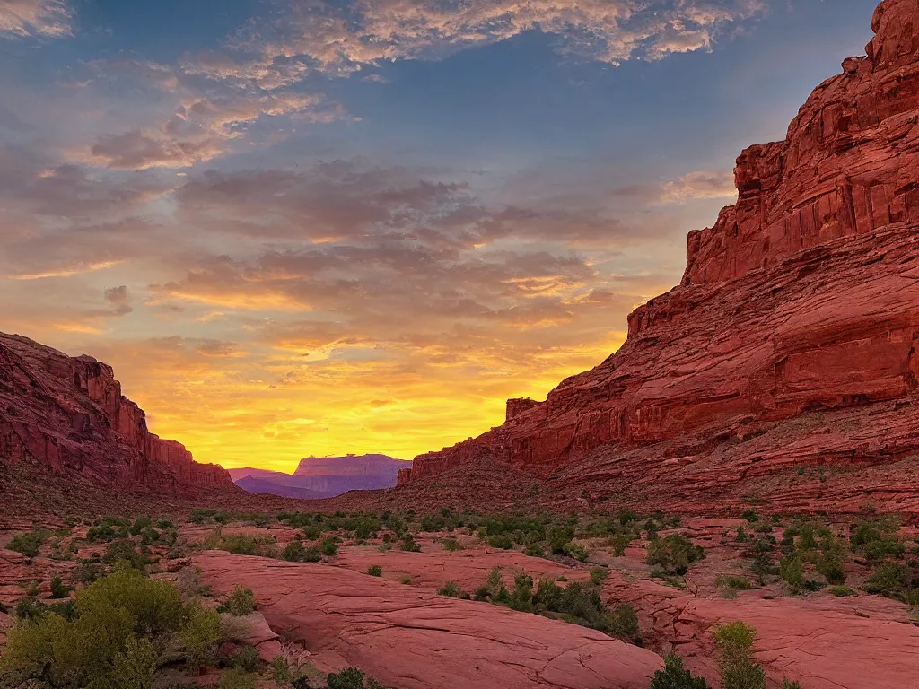 Image similar to “a river bend running through a canyon surrounded by desert mountains at sunset, moab, utah, a tilt shift photo by Frederic Church, trending on unsplash, hudson river school, photo taken with provia, national geographic photo”