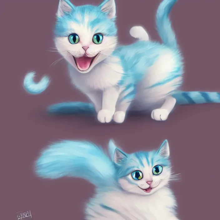 Image similar to cute cat of cheshire. an adorable cat with light blue stripes, shiny eyes and a big human like playful smile. award - winning digital art, trending on artstation