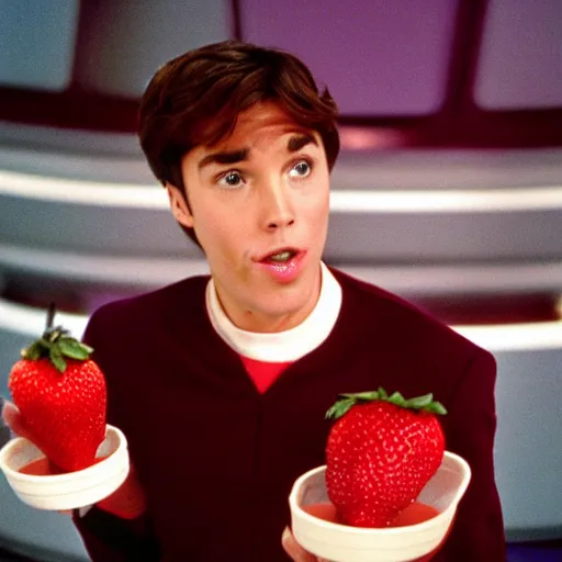 Image similar to Wesley Crusher from the USS Enterprise eating a strawberry icecream in the holodeck, set photo, candid, film grain