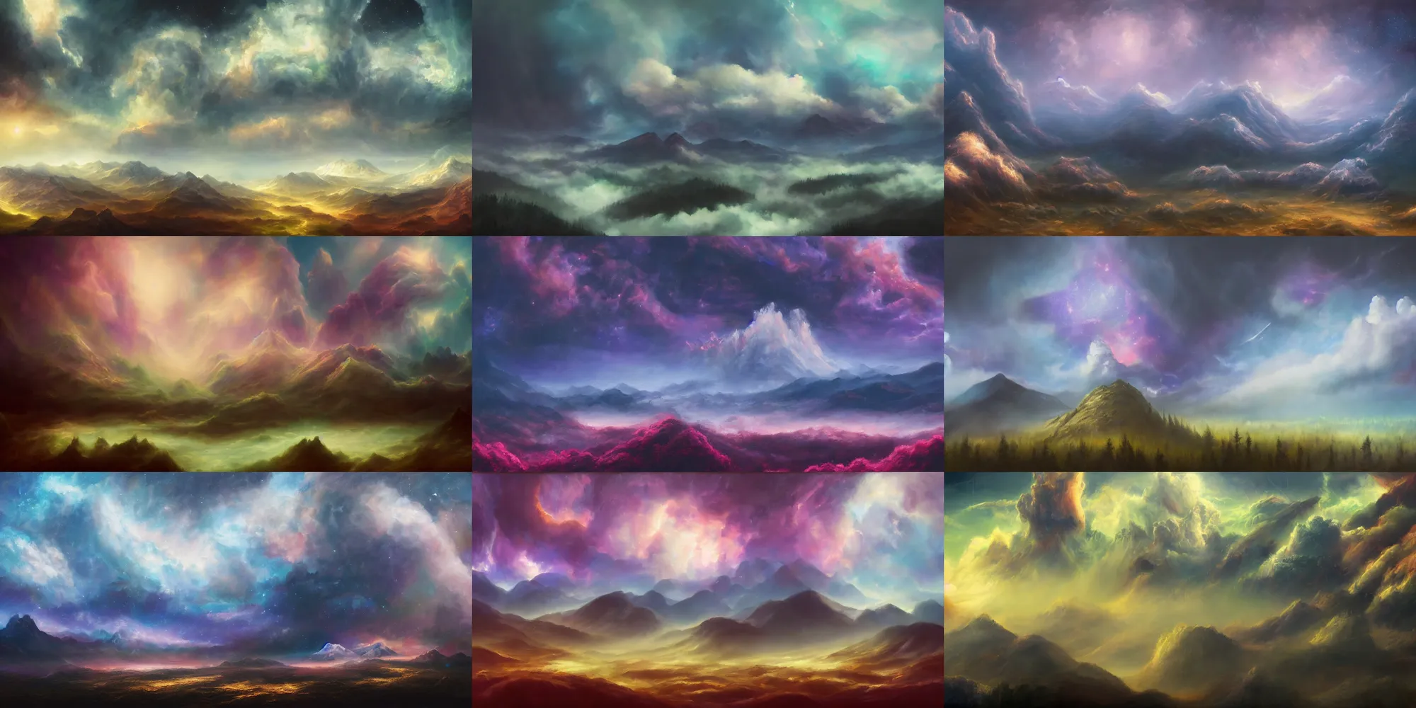 Prompt: A surreal dream landscape of clouds mountains nebulas forests and lakes, cinematic lighting, detailed oil painting, 8k