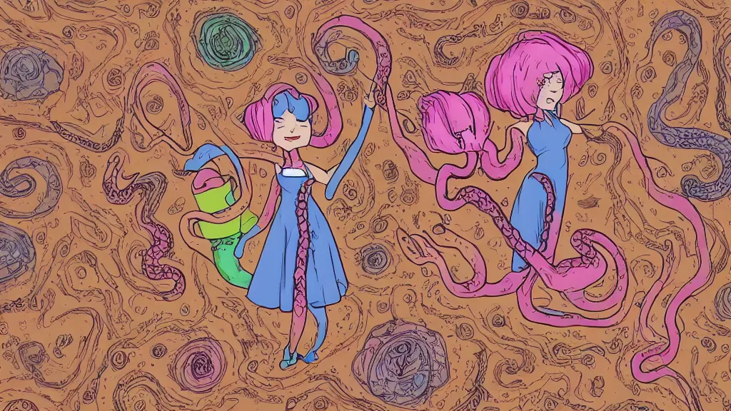 Prompt: aged paper, colorful character sheet for a stocky alien extraterrestrial female servant maid with thick snake - like tentacles instead of hair, long dress with apron, woodstock, psychedelic, 7 0 s, coherent, illustration, digital art, trending on artstation, hd, 8 k, good lighting, beautiful, rough paper, masterpiece