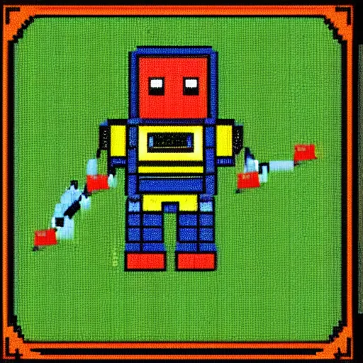 Prompt: pixel art from 1 9 8 0 s computer game depicting a robot mowing the lawn