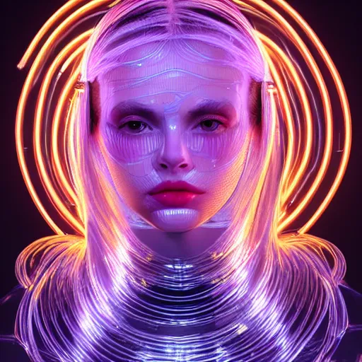 Prompt: very beautiful woman, full face frontal centered, portrait, detailed intricate symmetrical ornate neon cables connected to head, clear lips, luxurious hair, sophisticated abundent wiring and implants, translucent, porcelain, fractal, sci - fi, dramatic lighting, photography, highly detailed, trending on artstation, deviantart, 8 k, by chie yoshii