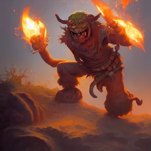 Prompt: a goblin pyromancer, by justin gerard and greg rutkowski, digital art, realistic painting, dnd, character design, trending on artstation