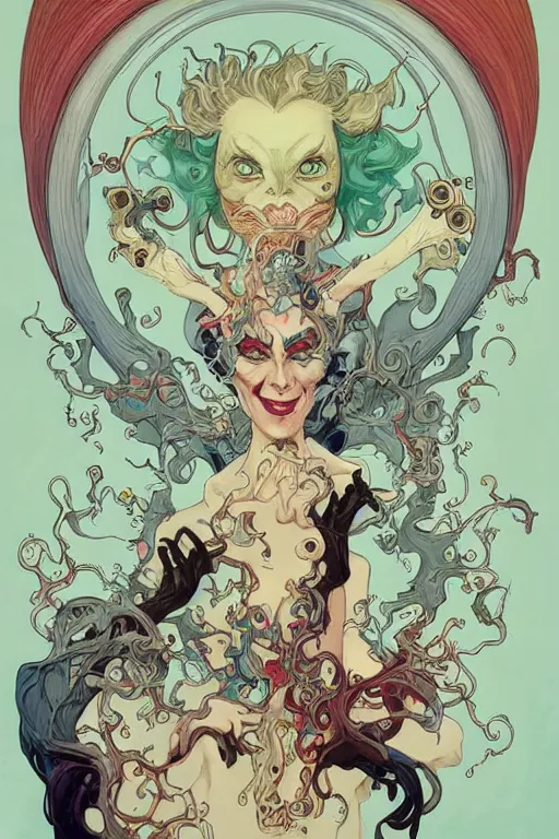 Prompt: portrait of crazy mad lady scientist, half cruella devil and half ursula chimera, stylized illustration by peter mohrbacher, moebius, mucha, victo ngai, colorful comics style