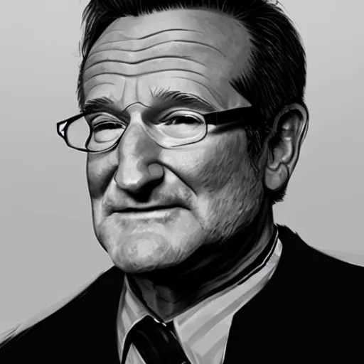Prompt: pencil illustration of Robin Williams trending on art station Greg rutkowski cinematic