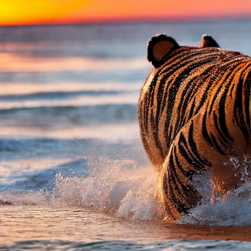 Image similar to a closeup photorealistic photograph of a cute smiling knitted tiger hippopotamus chasing a beachball at sunset. surf in the background. professional capture. this 4 k hd image is trending on artstation, featured on behance, well - rendered, extra crisp, features intricate detail, epic composition and the style of unreal engine.