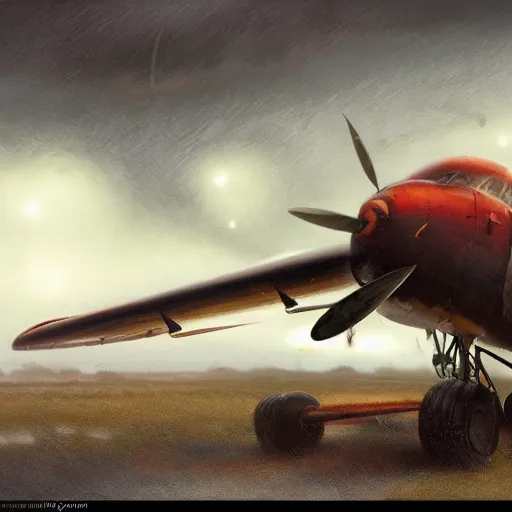 Image similar to movie frame of a vintage scrappy aircraft parked on the tarmac on a misty but epic day, wet ground, neon lights, very wide angle shot, by ian mcque, robert valley, tom bagshaw, global illumination