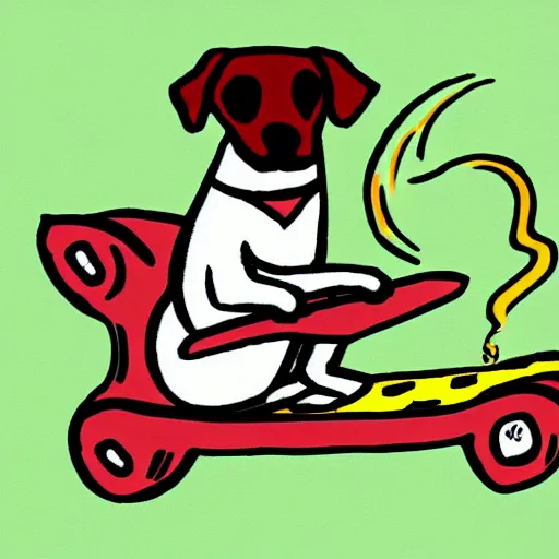 Image similar to an mspaint drawing of a dog riding a skateboard while smoking a cigar