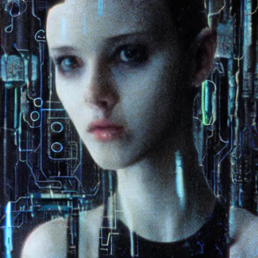 Prompt: film still, 6 5 mm, a masterpiece portrait photo of a girl, biotech, cyberpunk, blade runner, cyborg, grainy, withered, worn, glowing lights
