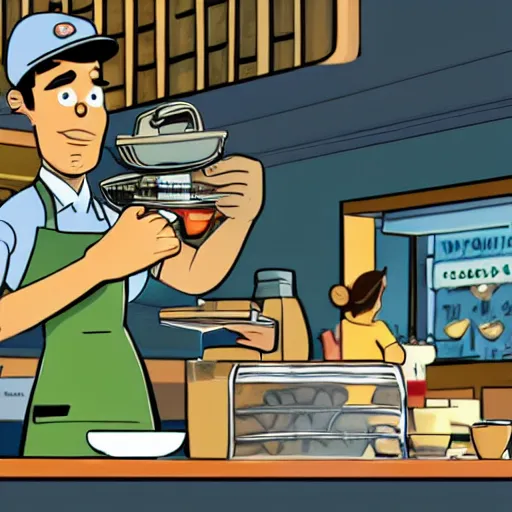 Image similar to close up of barista at customers table : cafe serves cannabis cookie for the first time in australia, isometric illustration fun, render in pixar, by darwyn cooke. meme cartoon