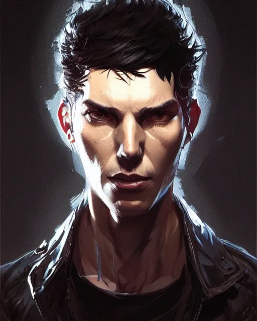 Image similar to professional concept art portrait of a diesel punk man with short black hair in a dark room by artgerm and greg rutkowski. an intricate, elegant, highly detailed digital painting, concept art, smooth, sharp focus, illustration, in the style of cam sykes, wayne barlowe, igor kieryluk.